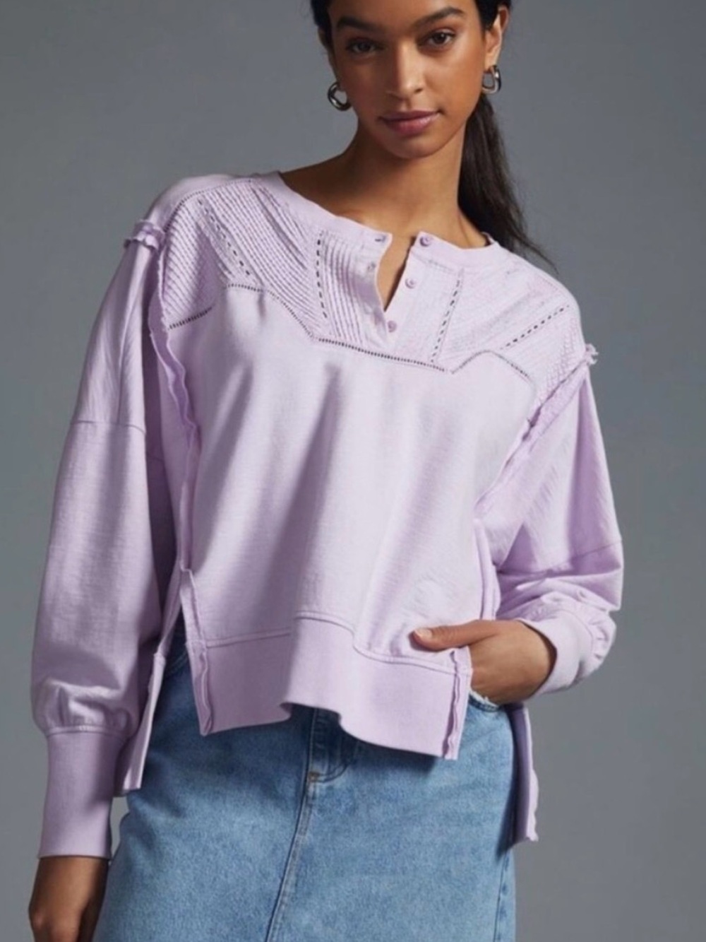Pilcro by Anthropologie Lavender Crochet Yoke Oversized Cotton Sweatshirt